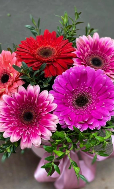 Цветочная композиция в шляпной коробке «Герберовое настроение»