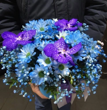 Композиция в шляпной коробке «синяя орхидея»