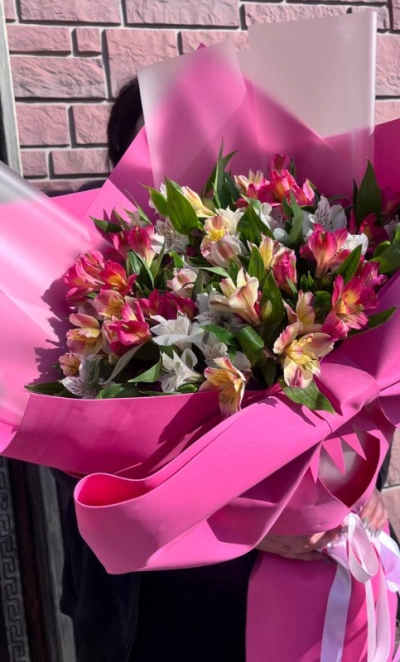 Букет 15 веток альстромерии с бантом